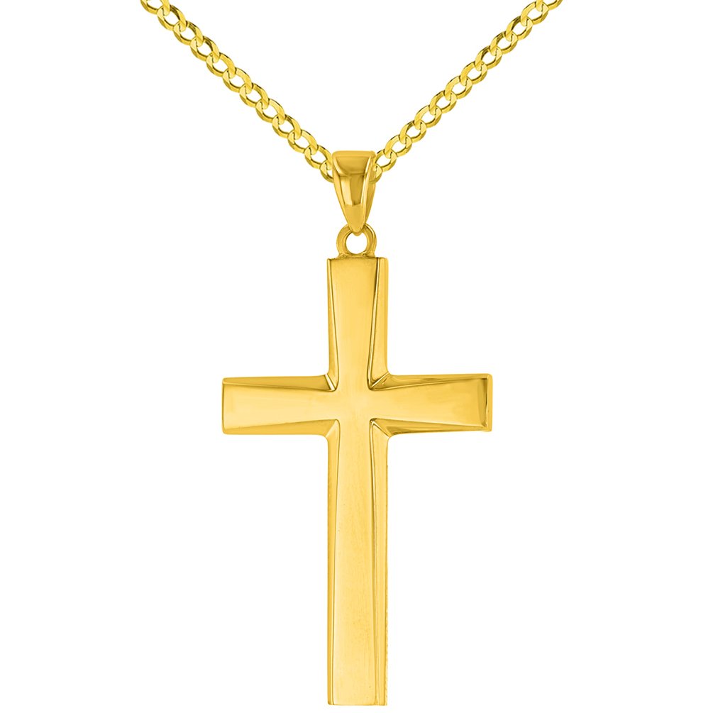 14K Yellow Gold Plain and Simple Religious Cross Pendant with Cuban Curb Chain Necklace