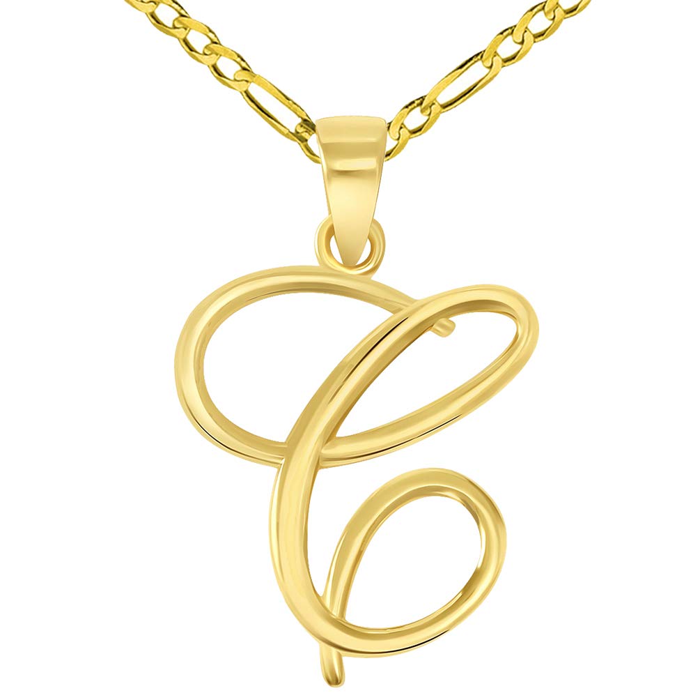 14k Yellow Gold Elegant Script Letter C Cursive Initial Pendant with Figaro Chain Necklace