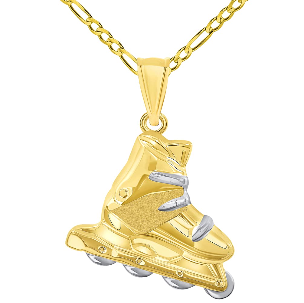 High Polish 14k Yellow Gold 3D Roller Skate Two-Tone Inline Roller Blade Pendant with Figaro Chain Necklace