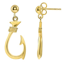 Load image into Gallery viewer, Solid 14k Yellow Gold Dangling 3D Fish Hook Dangle Earrings with Friction Back (Medium)
