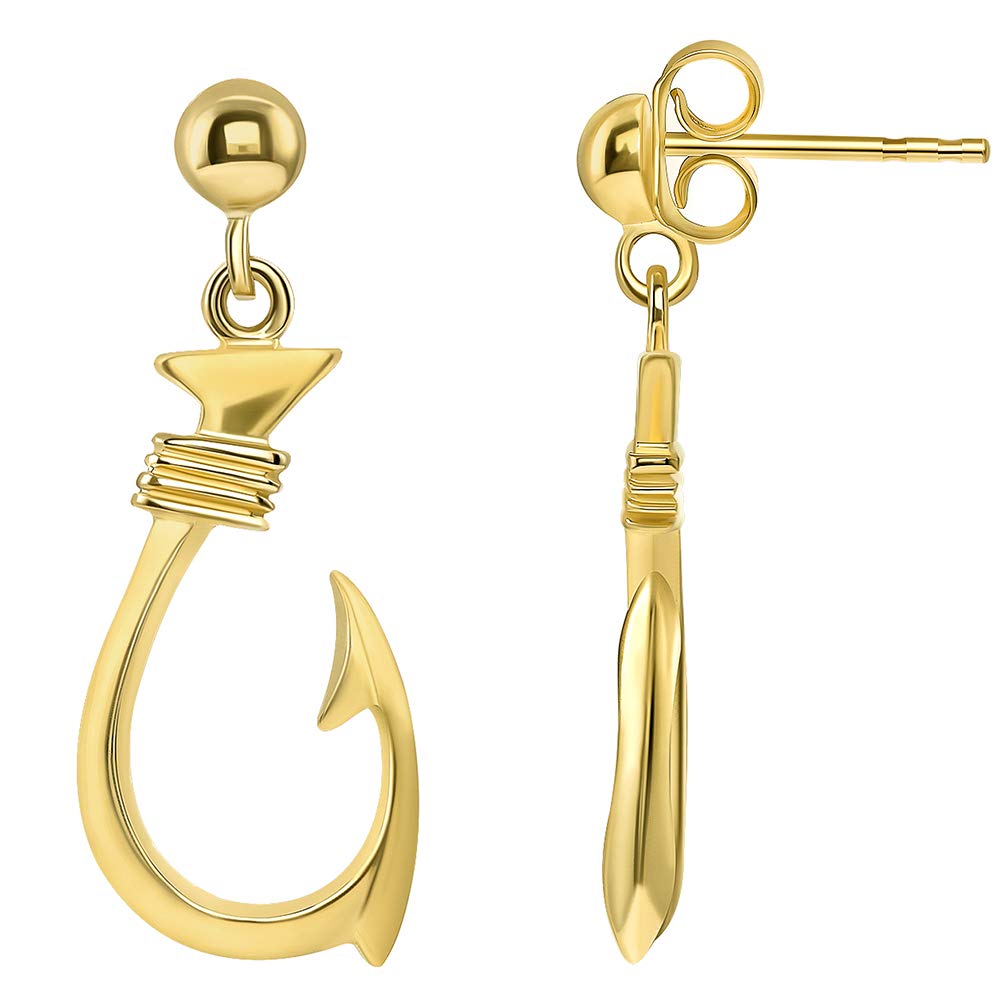 Solid 14k Yellow Gold Dangling 3D Fish Hook Dangle Earrings with Friction Back (Medium)