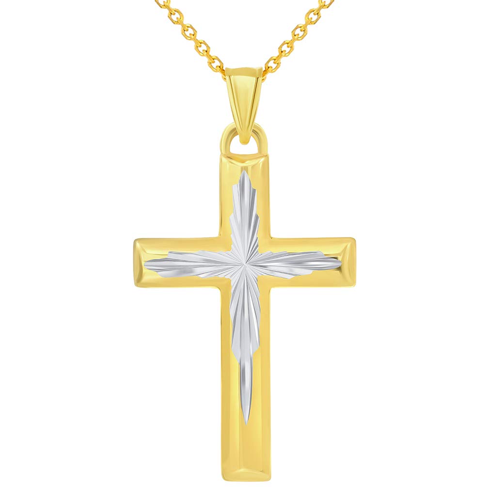 14k Yellow Gold Elegant Textured Two-Tone Religious Cross Pendant Necklace