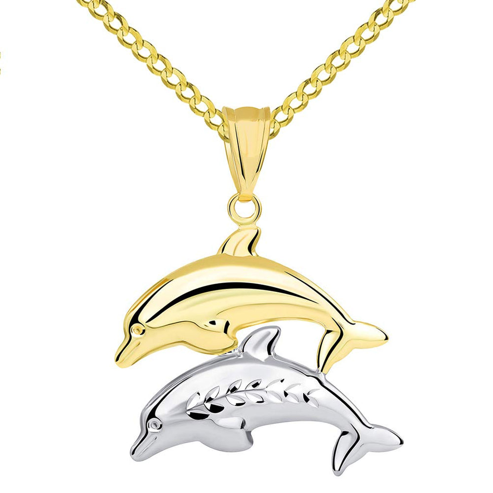14k Yellow Gold and White Gold 3D Dolphins Jumping Pendant Cuban Necklace - Two-Tone Gold