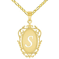 Load image into Gallery viewer, 14k Yellow Gold Elegant Filigree Oval Uppercase Initial S Script Letter Plate Pendant with Figaro Chain Necklace
