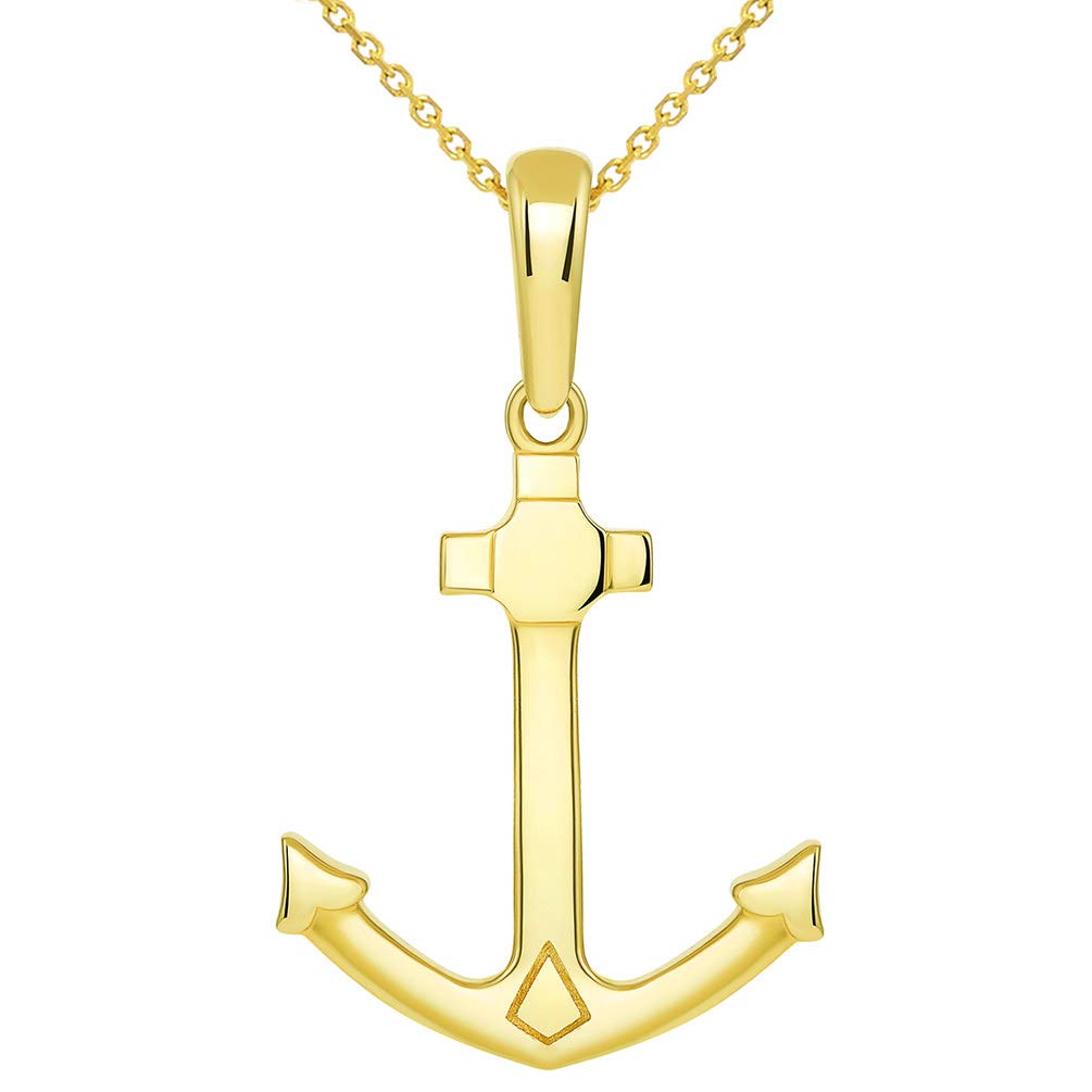 Solid 14K Yellow Gold Anchor Nautical Marine Pendant Necklace