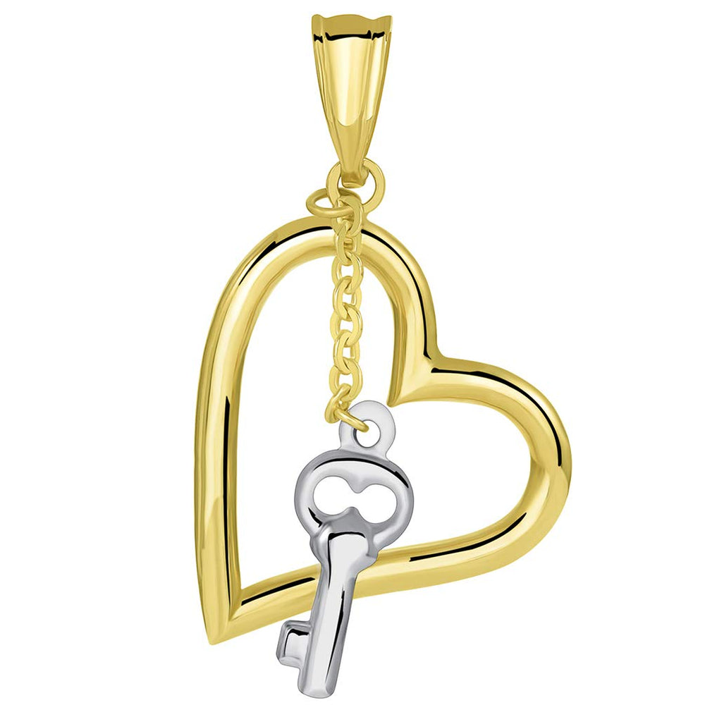 14k Two Tone Gold Open Heart Pendant with White Gold Dangling Key Charm