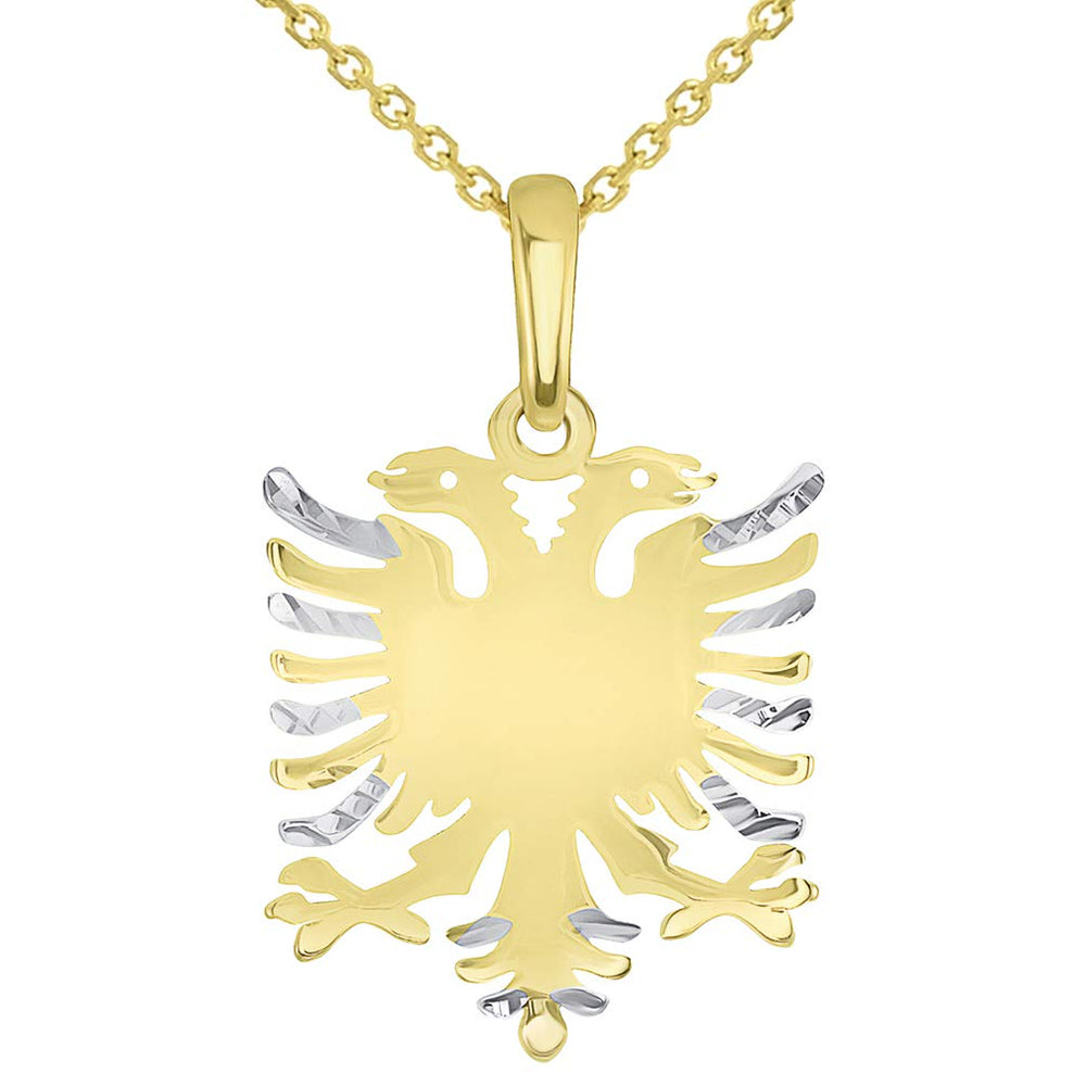 Solid 14k Yellow Gold Double-Headed Eagle National Symbol of Albania Pendant Necklace with Rolo Chain