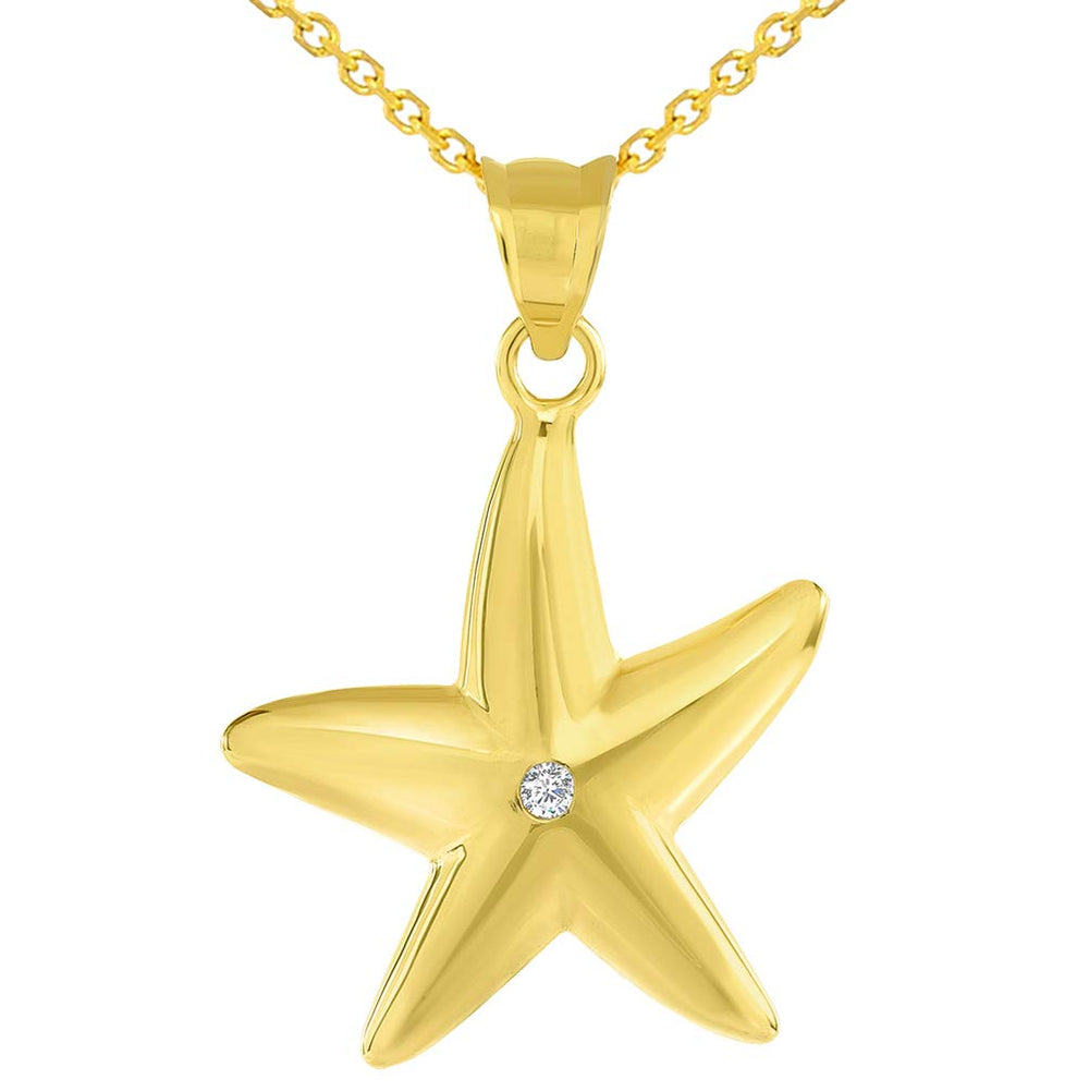 14k Yellow Gold High Polish Cubic Zirconia Studded Starfish Pendant with Rolo Cable Chain Necklace