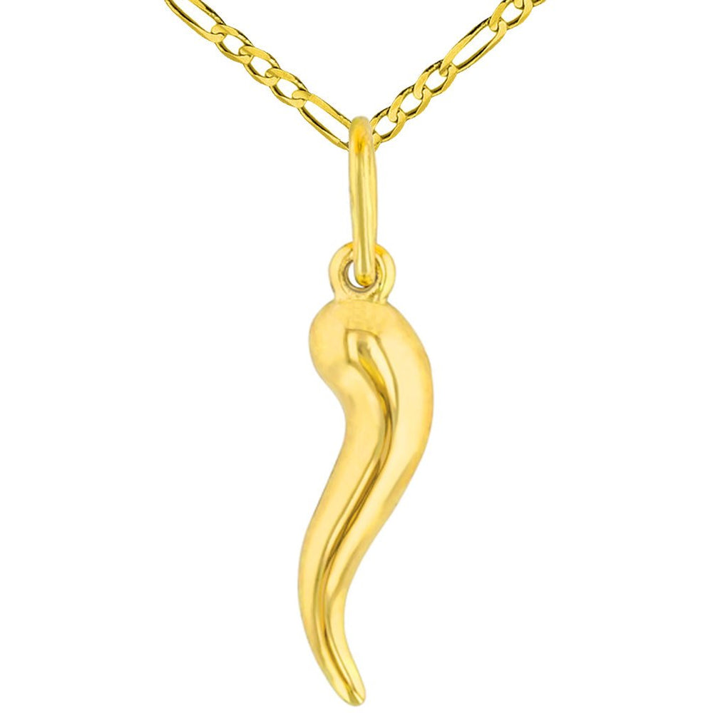 14K Yellow Gold Polished Dainty Cornicello Horn Charm Pendant with Figaro Chain Necklace