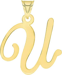 Load image into Gallery viewer, Solid 14k Yellow Gold Script Uppercase Initial U Cursive Letter Pendant
