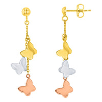 Load image into Gallery viewer, Solid 14K Tri-Color Gold Three Butterfly Dangling Earrings
