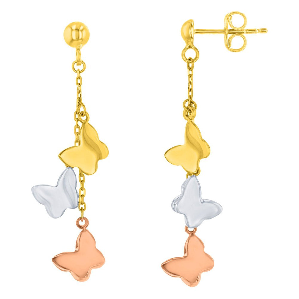Solid 14K Tri-Color Gold Three Butterfly Dangling Earrings