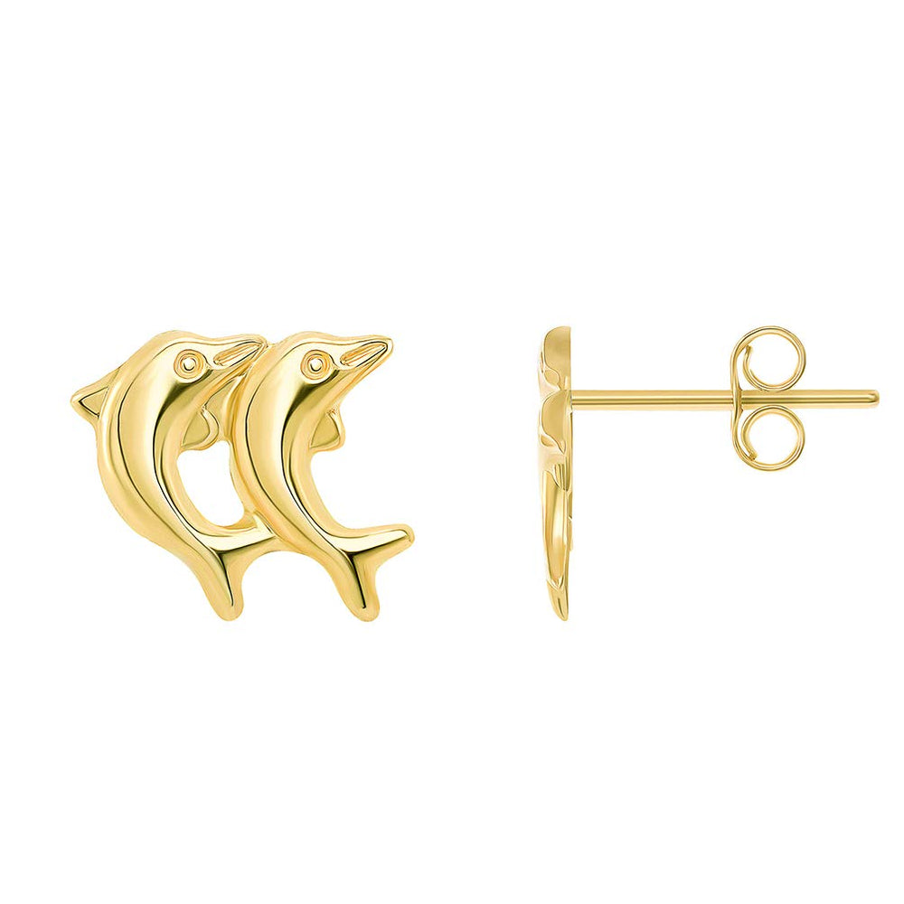 14K Yellow Gold Two Mini Dolphins Jumping Together Studs Earrings with Friction Back