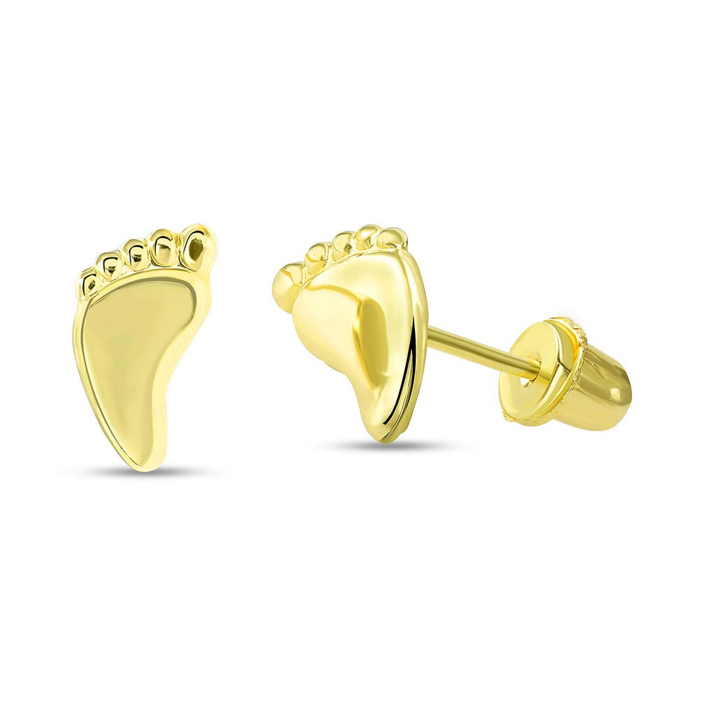 Solid 14k Yellow Gold Mini Feet Stud First Step Symbols Earrings with Screw Back