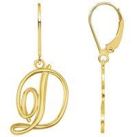 Load image into Gallery viewer, Solid 14k Yellow Gold Elegant Script Letter Cursive Initial Dangle Drop Earrings with Leverback - A to Z
