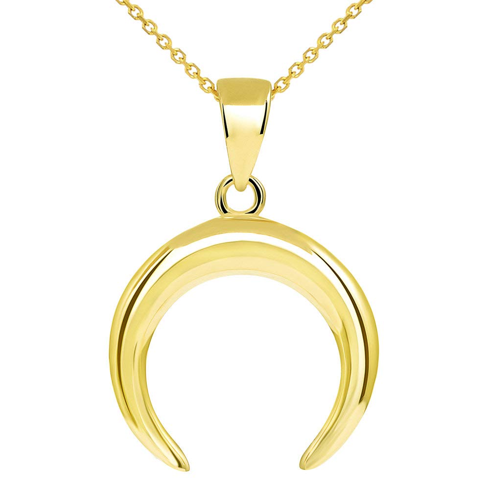 14k Yellow Gold Double Horn High Polished Crescent Moon Pendant Necklace