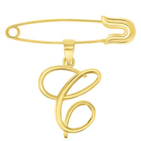 Load image into Gallery viewer, 14k Yellow Gold Elegant Script Letter C Cursive Initial Charm with Safety Pin Brooch
