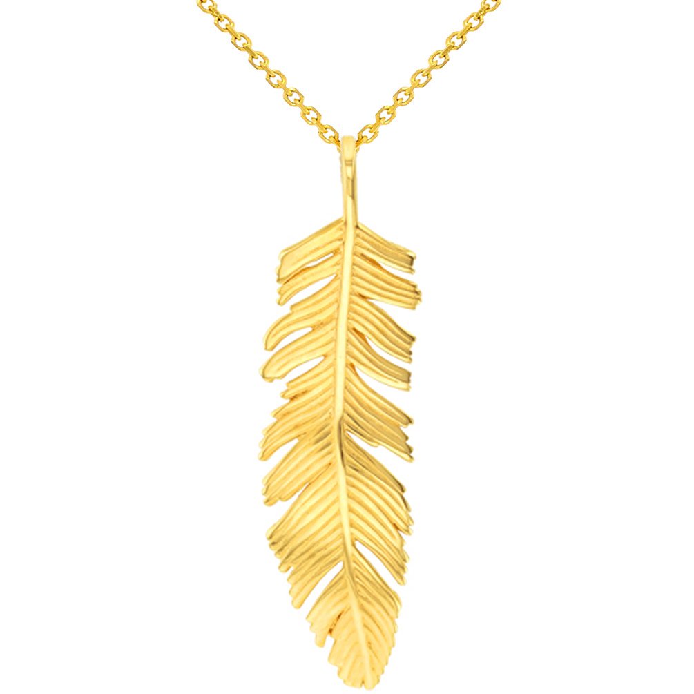 Yellow Gold Polished Feather Charm Pendant Necklace
