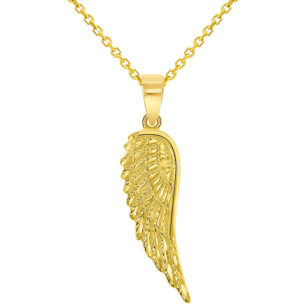Solid 14k Yellow Gold Textured Angel Wing Charm Pendant with Rolo Cable Chain Necklace