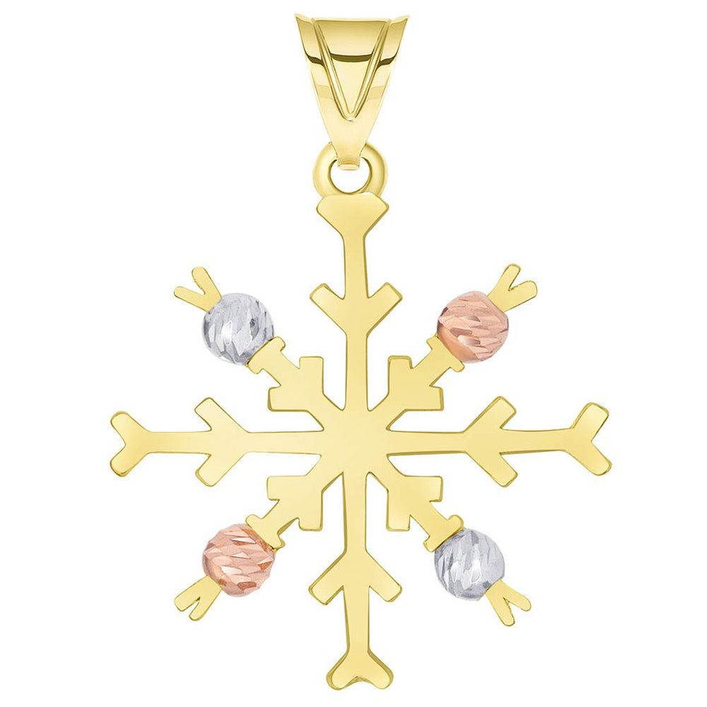 Solid 14k Tri-Color Gold High Polish Snowflake with Textured Beads Pendant