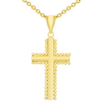 Load image into Gallery viewer, Solid 14k Yellow Gold Beaded Edged Plain Religious Cross Pendant with Rolo Chain Necklace
