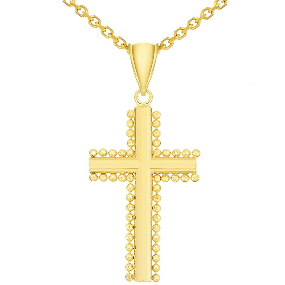 Solid 14k Yellow Gold Beaded Edged Plain Religious Cross Pendant with Rolo Chain Necklace