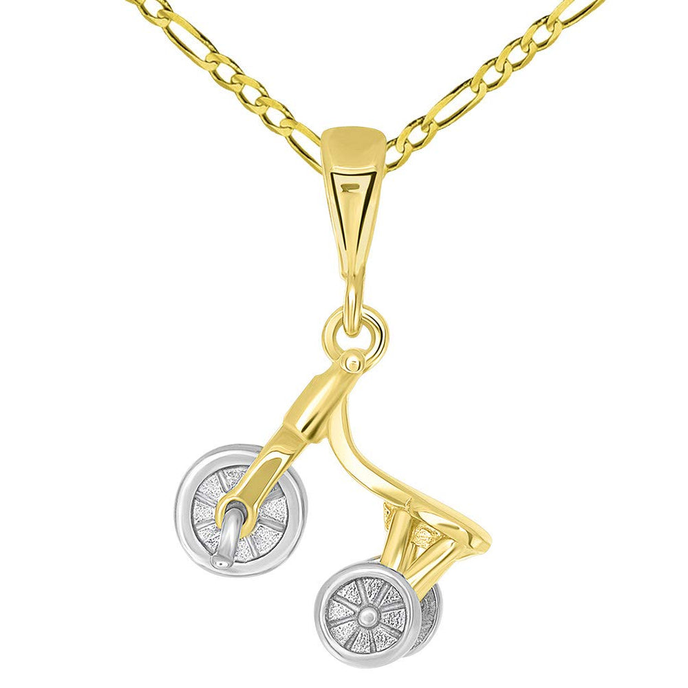 Solid 14K Gold 3-D Tricycle Bike Charm Pendant with Figaro Chain Necklace - Two-Tone Gold