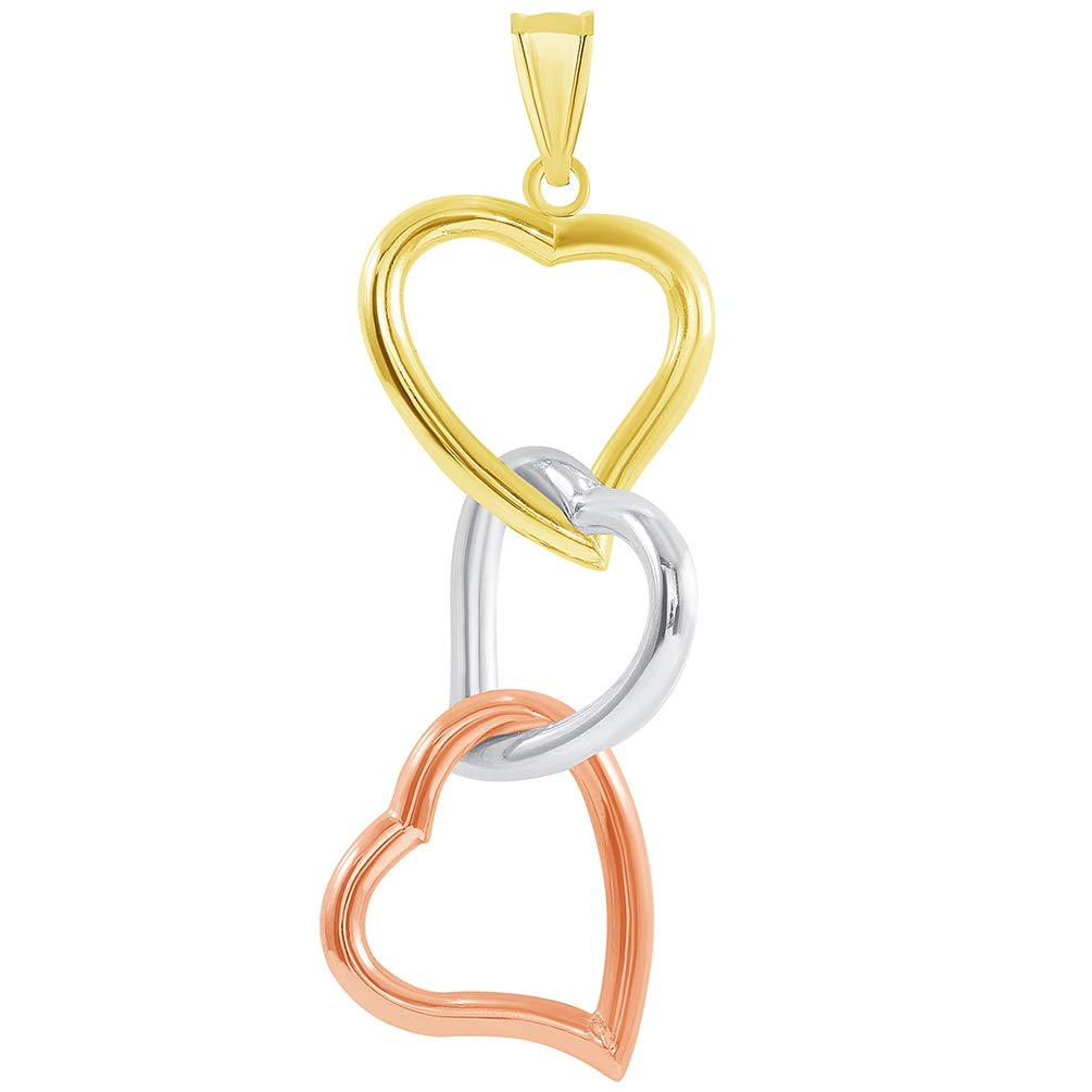 14k Tri-Color Gold Three Hearts Interlocking Dangling Down Pendant