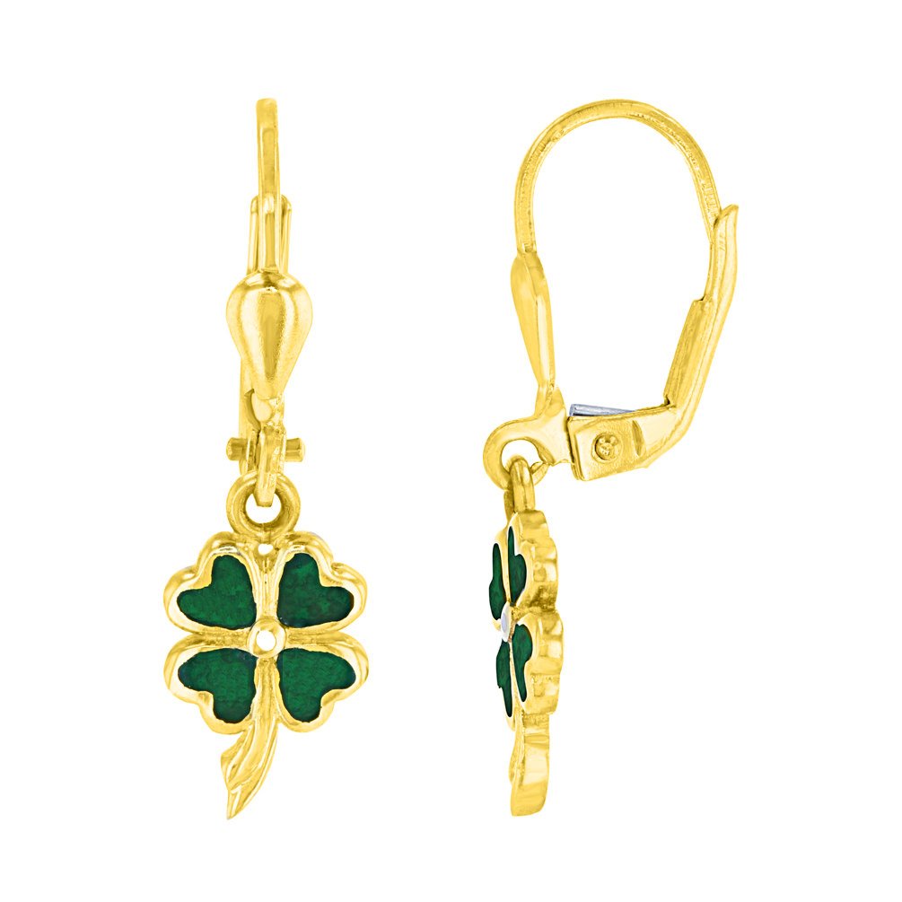 Solid 14K Yellow Gold Heart Shaped Four Leaf Clover Good Luck Dangling Earrings with Enamel