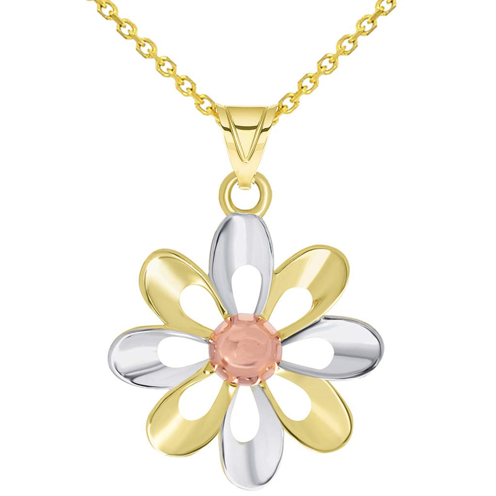 14k Yellow Gold and Rose Gold High Polish Tri-Tone Open Daisy Charm Pendant Available with Rolo, Curb, or Figaro Chain