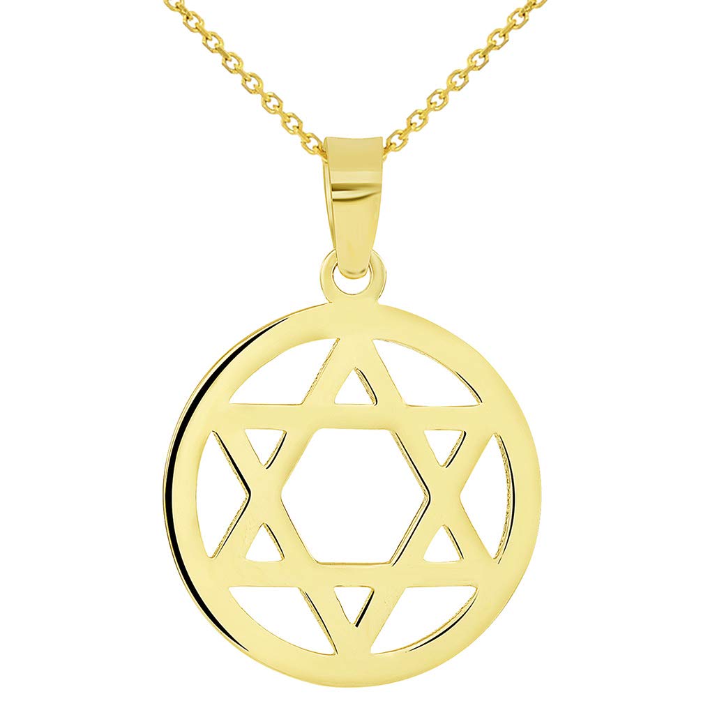 14k Yellow Gold Shield of David Round Jewish Star Pendant Necklace