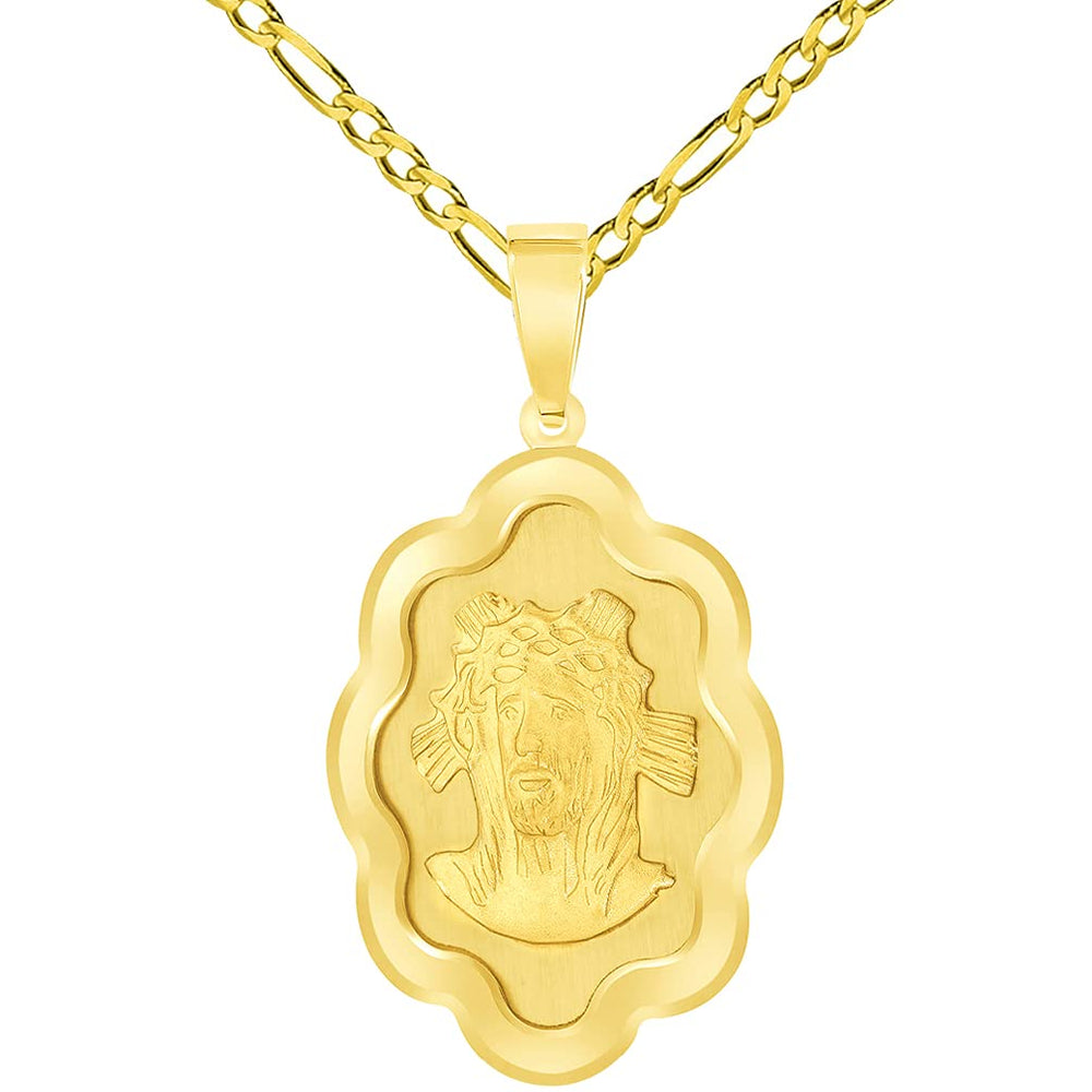 14k Yellow Gold Holy Face of Jesus Christ On Elegant Miraculous Medal Pendant with Figaro Chain Necklace