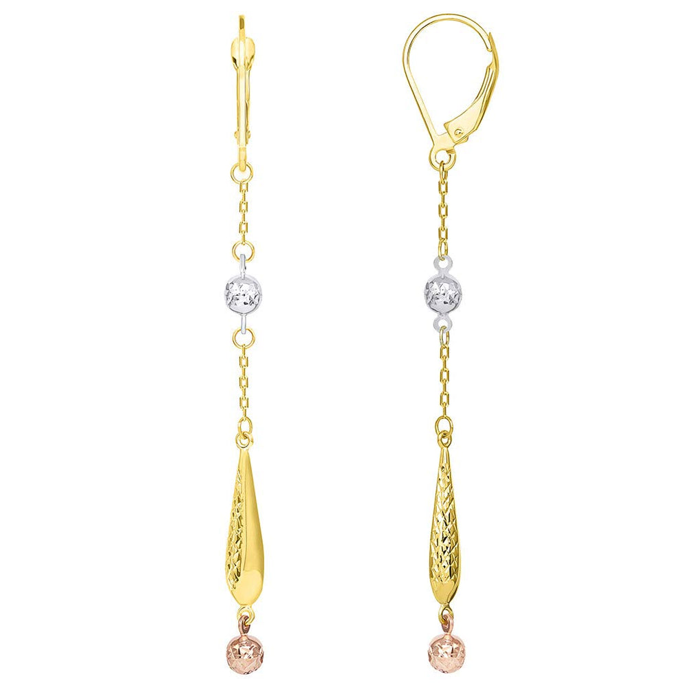 14k Gold Beaded Textured Teardrop Dangle Drop Earrings with Lever Back - Tri Color Gold
