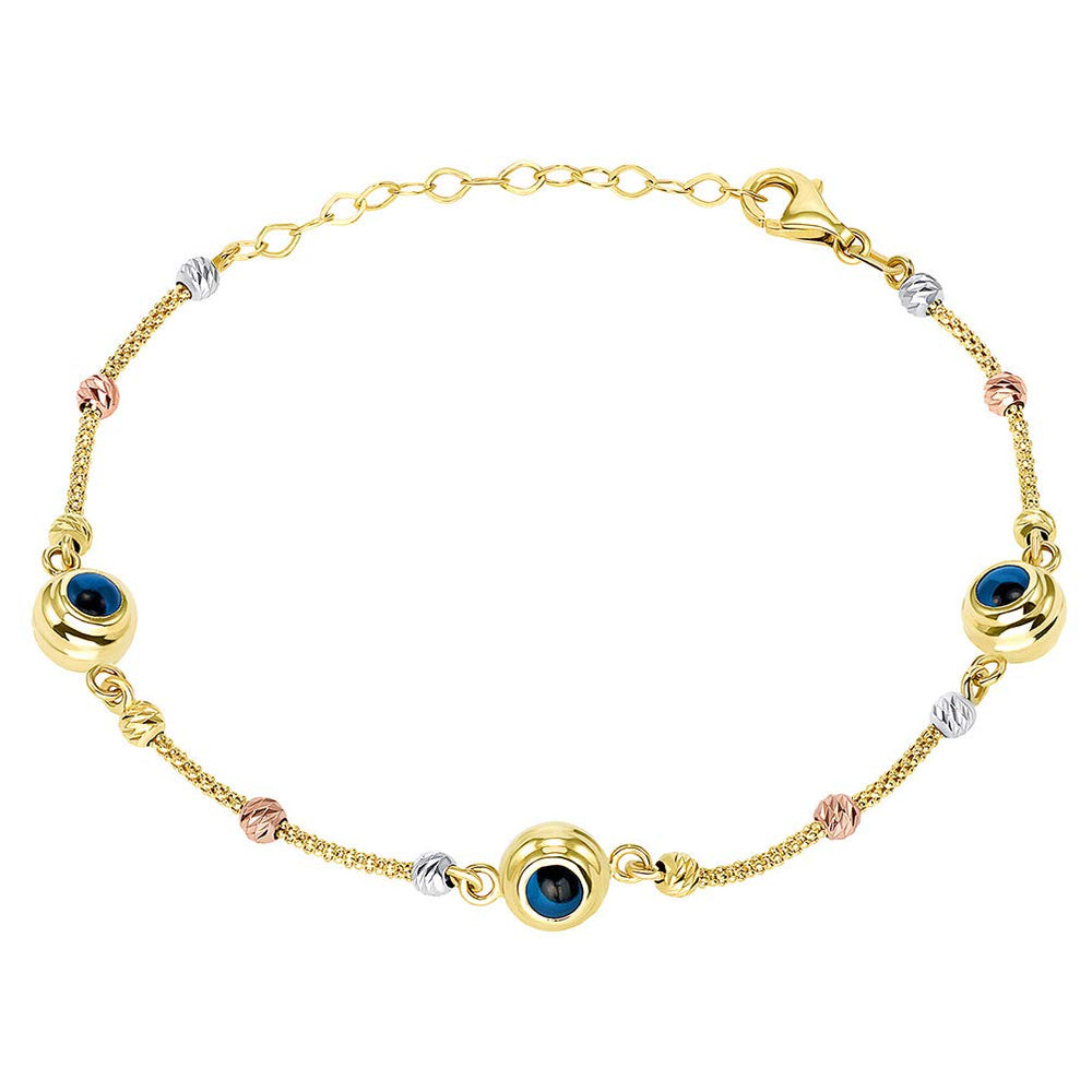 14k Tri-Color Gold Beaded Blue Evil Eye Mesh Chain Bracelet, 8"