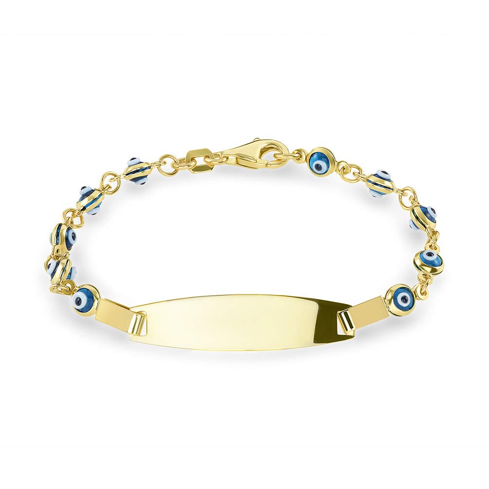 14k Yellow Gold Blue Mini Evil Eye Protection ID Bracelet with Lobster Clasp