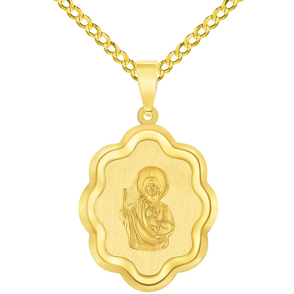 14k Yellow Gold Elegant Miraculous Medal of Saint Jude Thaddeus the Apostle Pendant with Cuban Chain Curb Necklace