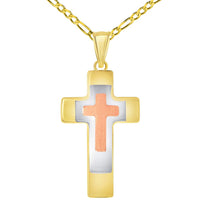 Load image into Gallery viewer, 14k Yellow Gold High Polished Tri-Tone Religious Cross Pendant with Figaro Chain Necklace
