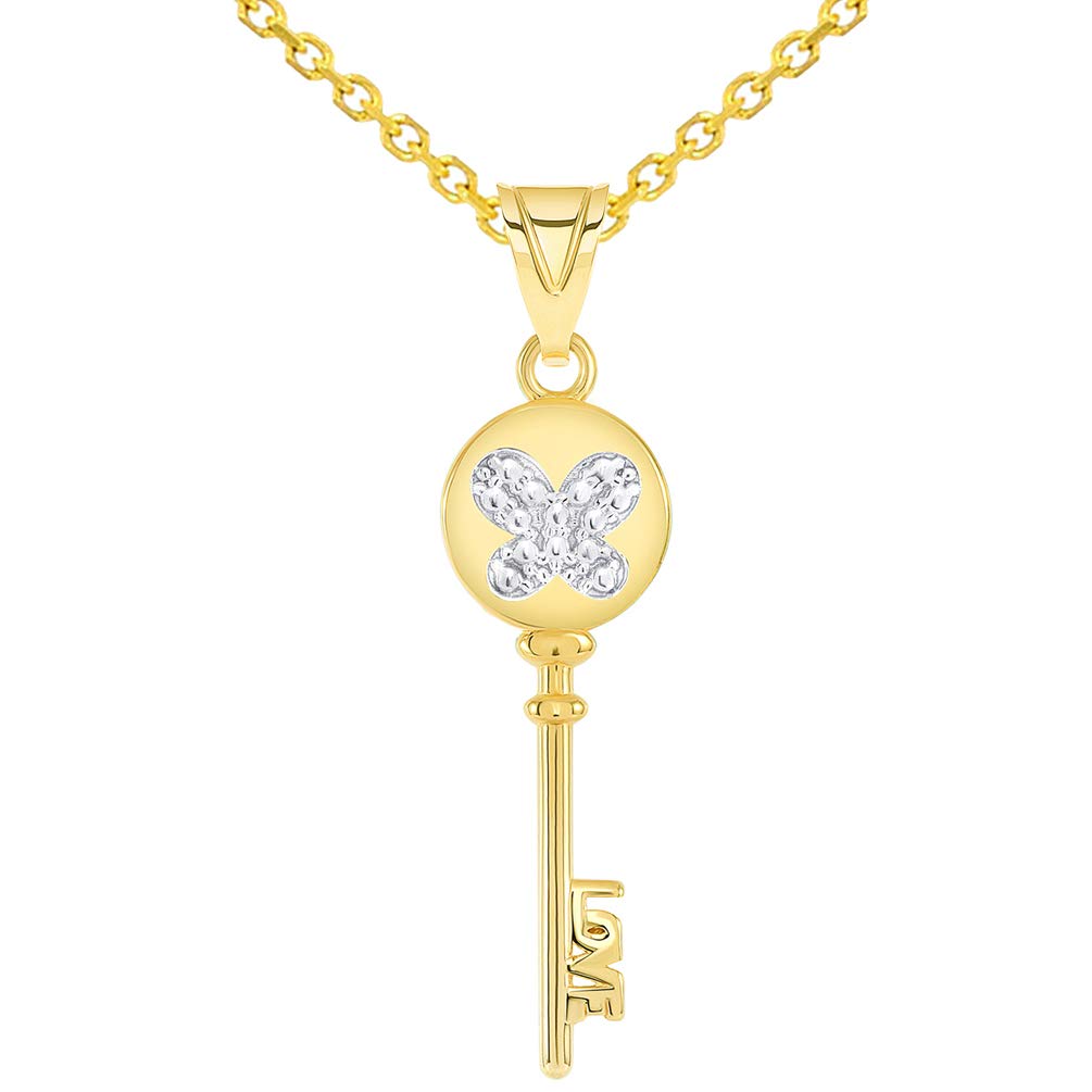 14k Yellow Gold Round Bow Handle Two Tone Butterfly Love Key Pendant with Rolo Cable Chain Necklace