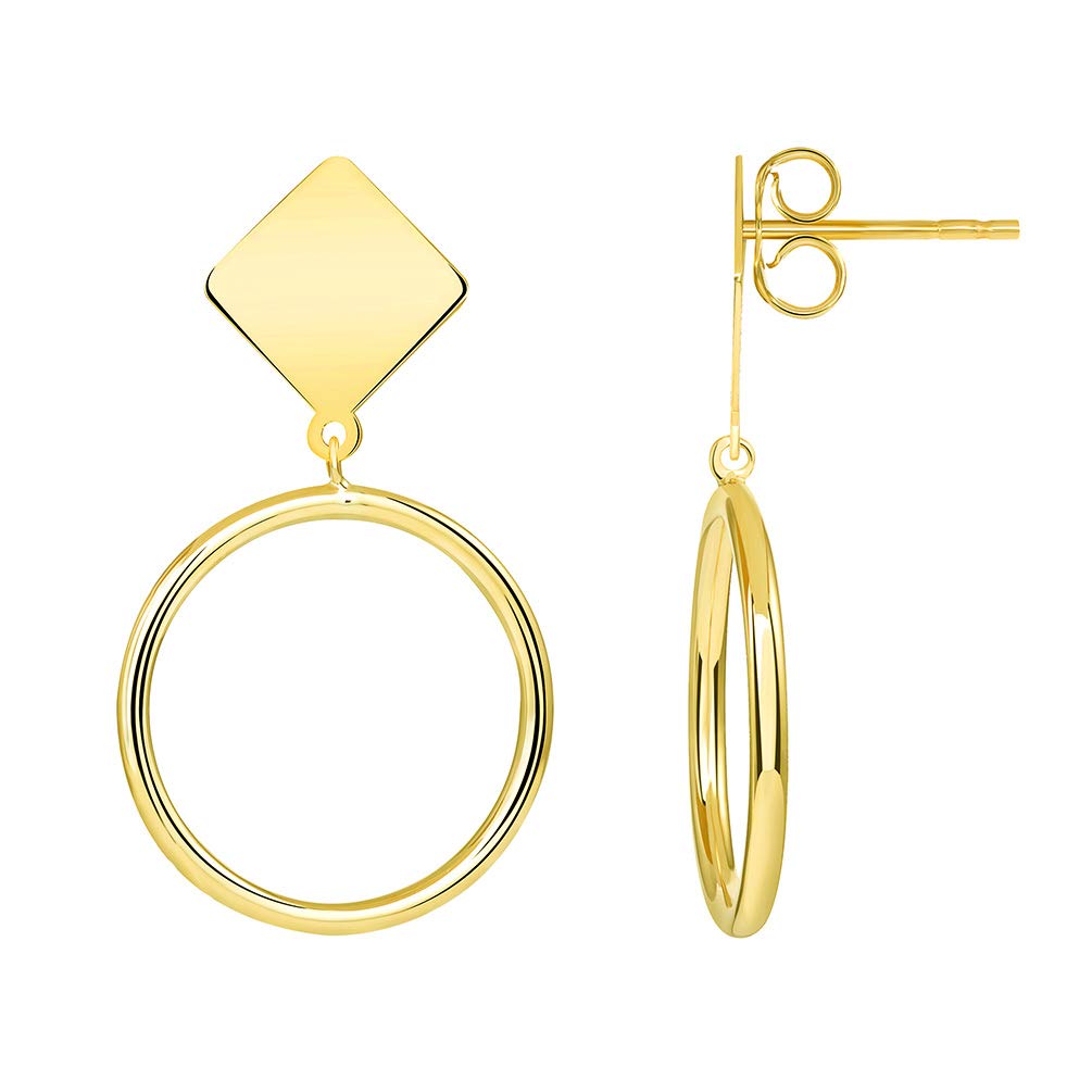 14k Yellow Gold Open Circle of Life Hoop Dangle Drop Earrings with Diamond Shaped Post Friction Back