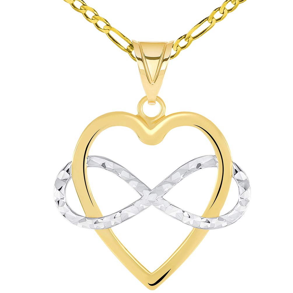 14k Yellow Gold Interlocking Infinity Love Symbol and Heart Pendant with Figaro Chain Necklace