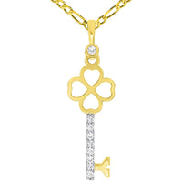Load image into Gallery viewer, 14k Yellow Gold Cubic Zirconia Four Leaf Clover Love Key To My Heart Pendant Necklace with Curb Chain
