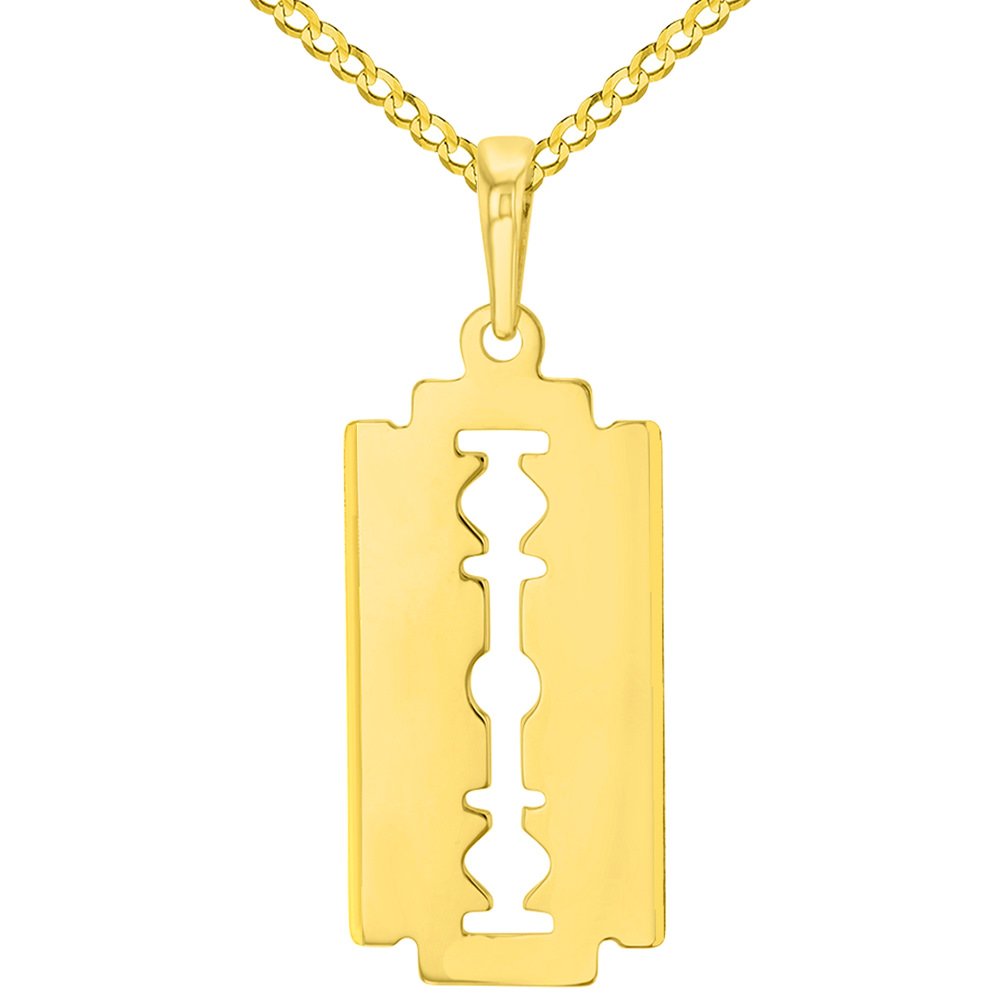 Solid 14K Yellow Gold Sharp Edged Razor Blade Pendant with Cuban Chain Necklace