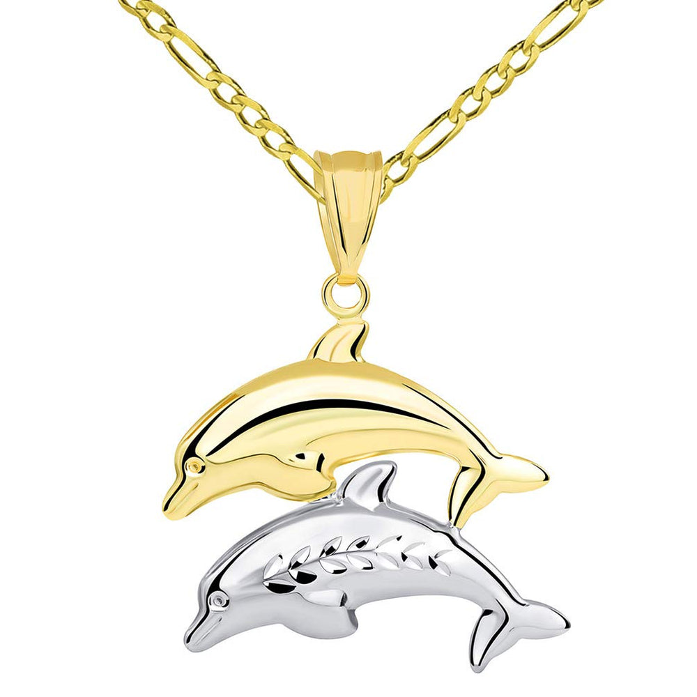14k Gold Two Tone 3D Dolphins Jumping Pendant Figaro Necklace - Yellow and White Gold