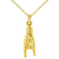 Load image into Gallery viewer, 14K Yellow Gold Hand Charm Mano Cornuto Good Luck Sign Pendant Cuban Chain Necklace
