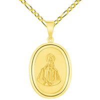 Load image into Gallery viewer, 14k Yellow Gold Oval Miraculous Medal of Virgin Mary Pendant with Figaro Chain Necklace
