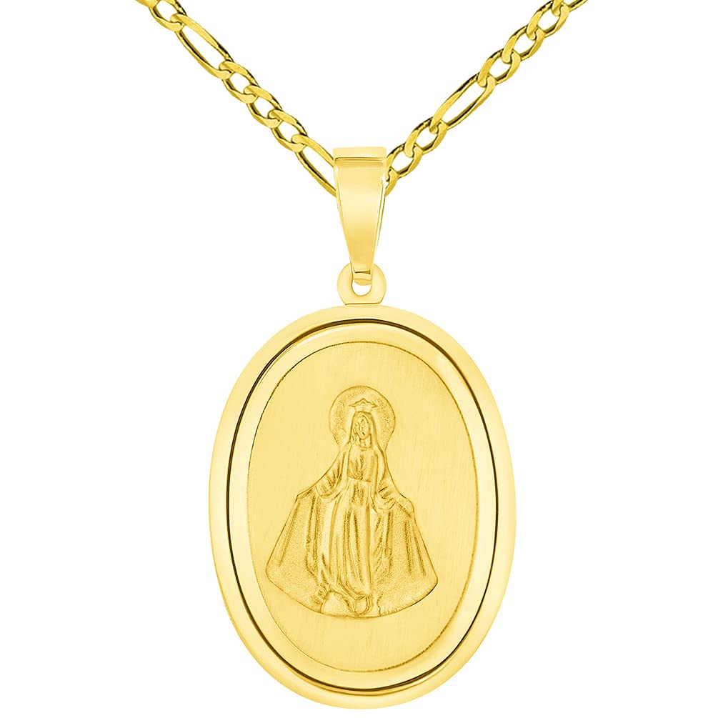 14k Yellow Gold Oval Miraculous Medal of Virgin Mary Pendant with Figaro Chain Necklace