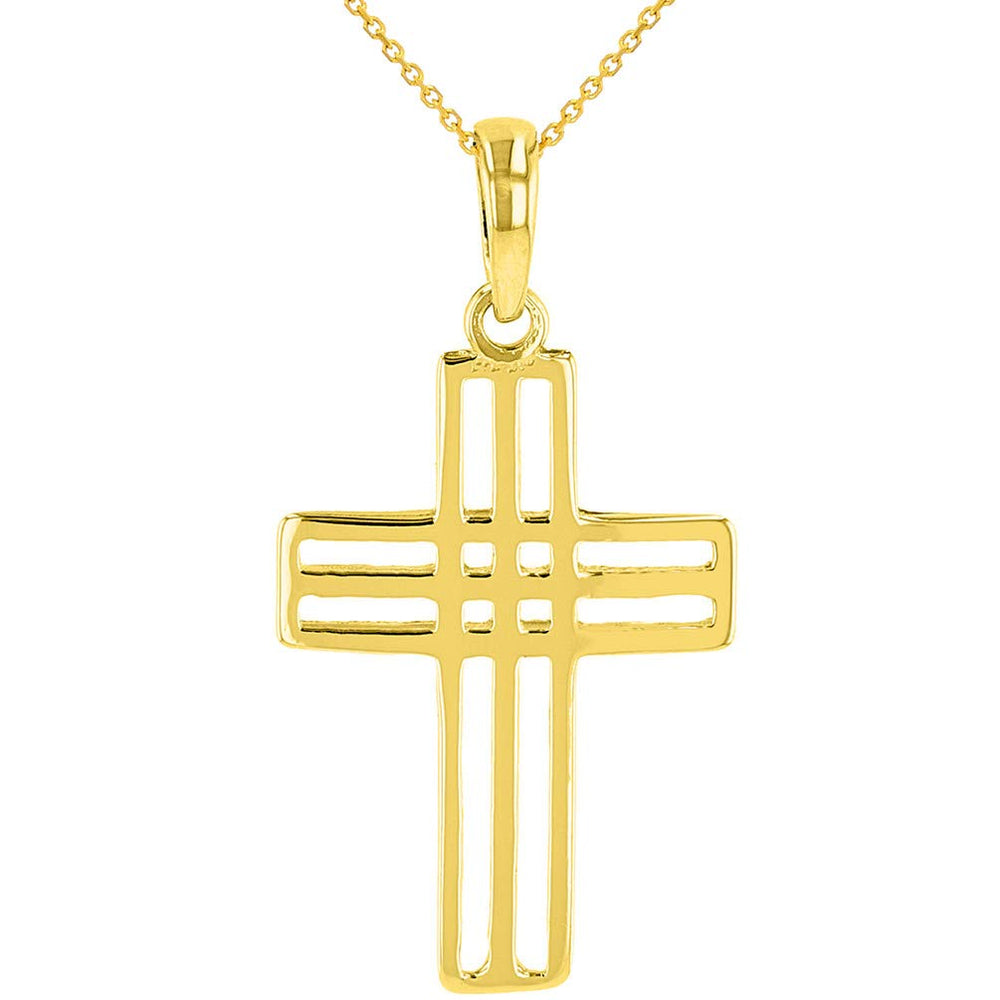 14k Yellow Gold Double Outline Open Religious Cross Charm Pendant Necklace