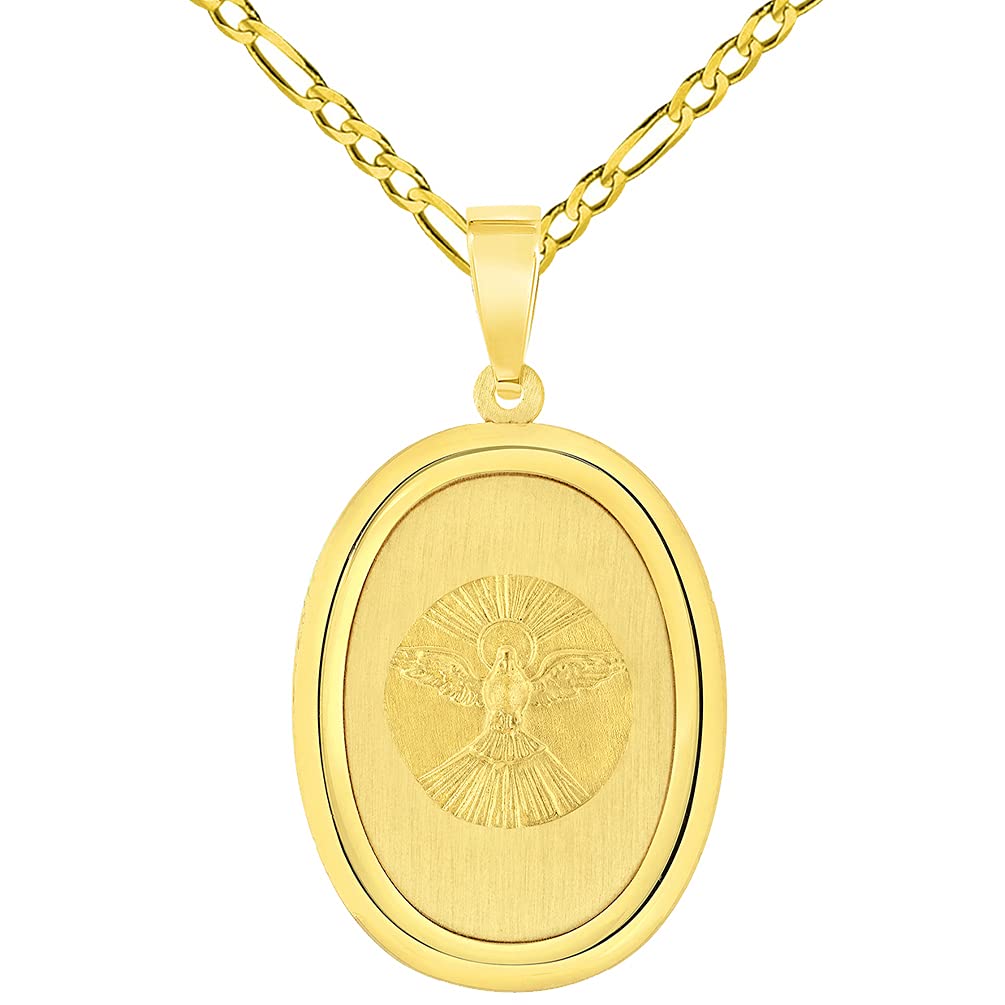 14k Yellow Gold Holy Spirit Dove Religious Oval Medal Pendant with Figaro Chain Necklace