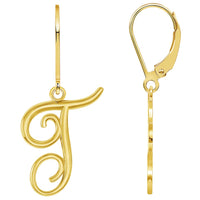 Load image into Gallery viewer, Solid 14k Yellow Gold Elegant Script Letter Cursive Initial Dangle Drop Earrings with Leverback - A to Z

