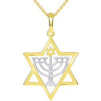 Load image into Gallery viewer, Solid 14k Yellow Gold Jewish Star of David with Menorah Pendant Necklace
